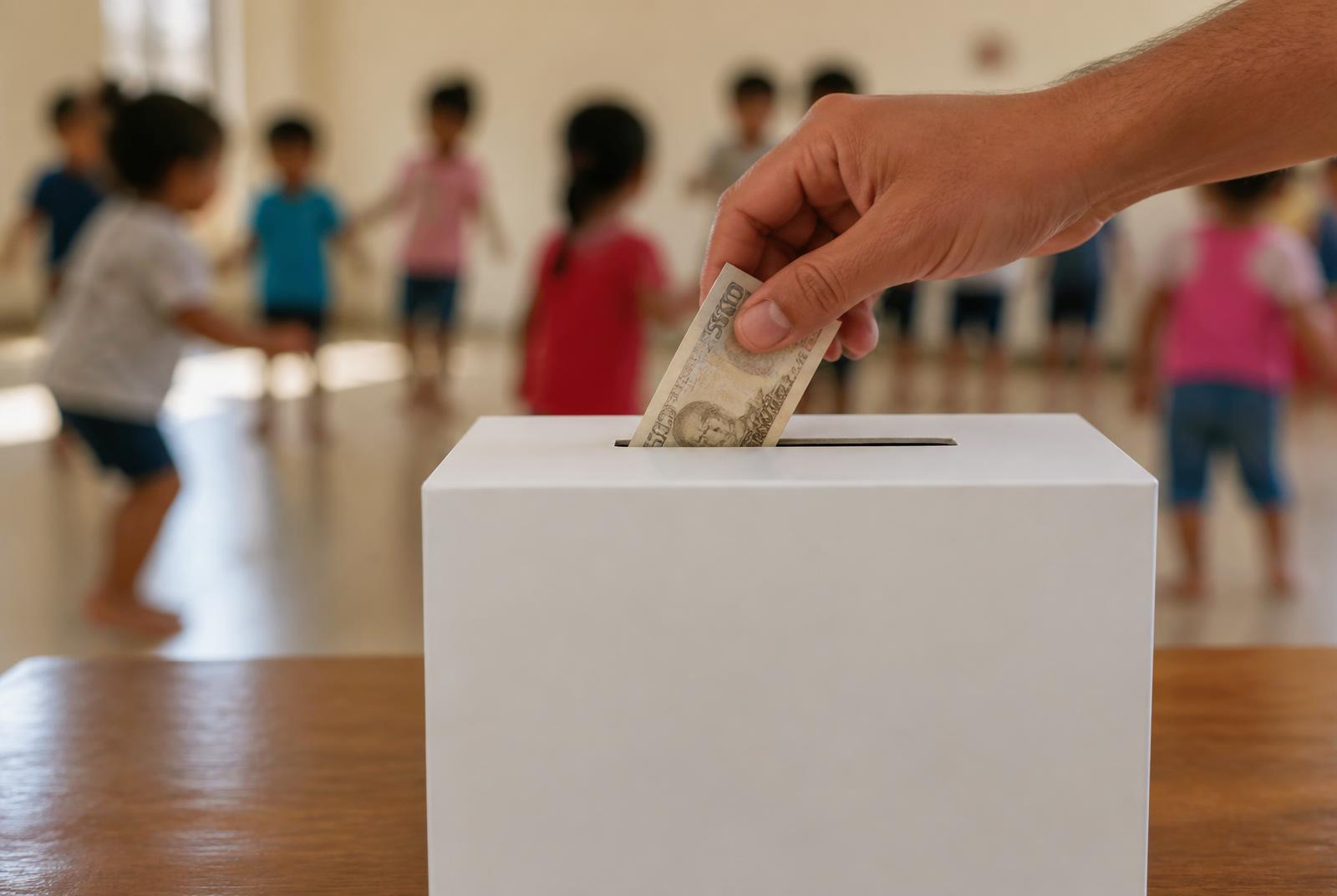 A hand placing a contribution into a donation box while children play nearby
