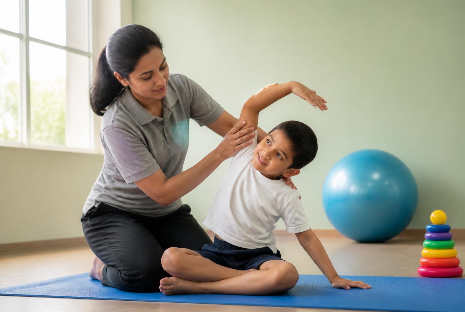 A therapist helping a child with gentle mobility exercises
