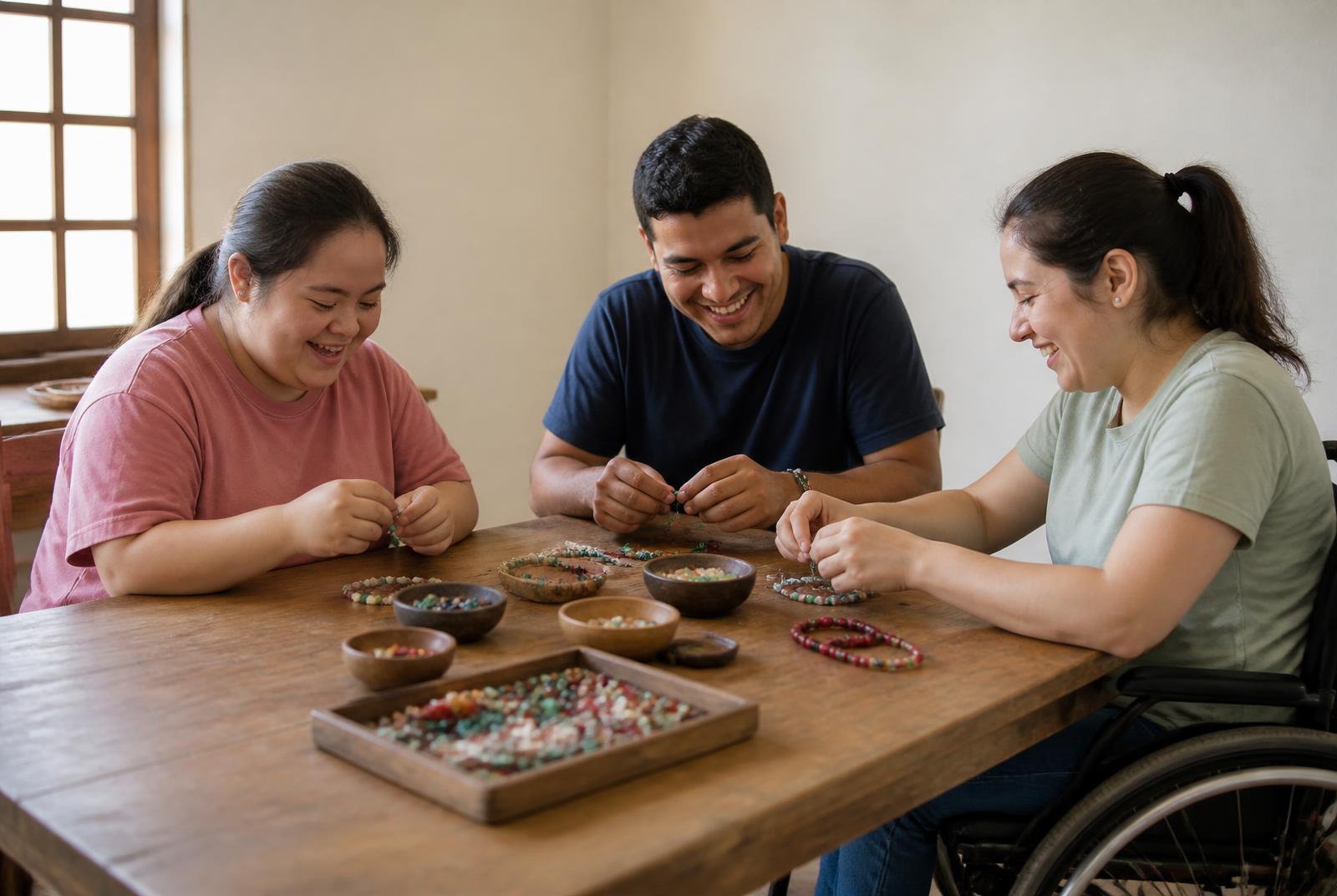 Young adults with disabilities making handicrafts together at a workshop table