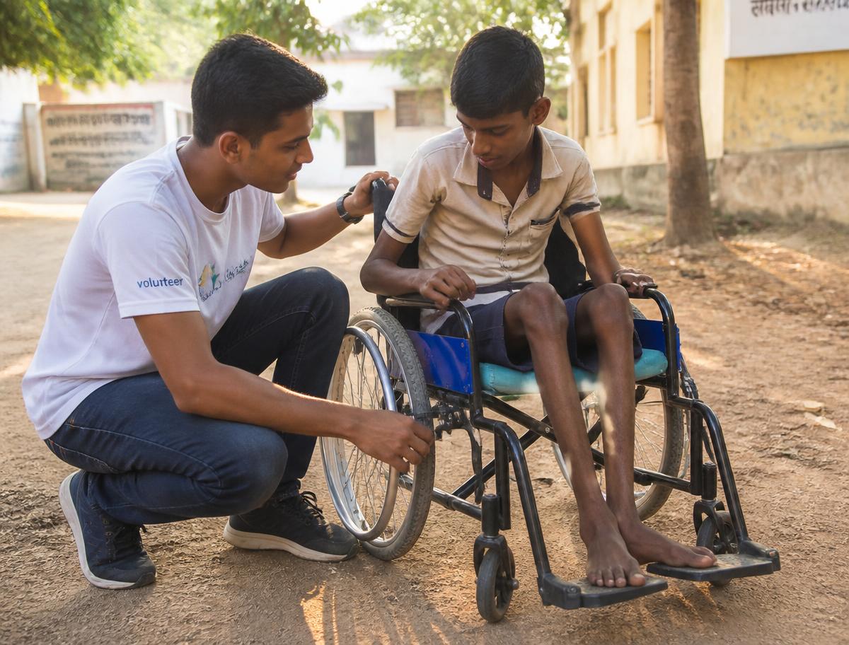 A volunteer helping a teenage boy adjust his new wheelchair